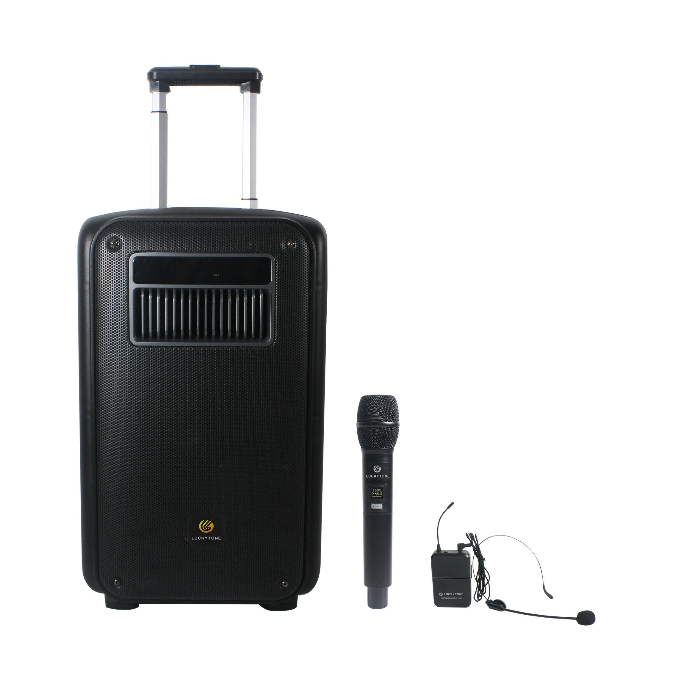 10 Inches Portable Blue-Tooth Stereo Partybox Deep Bass Trolley Speaker with 1 Handheld Mic 1 Bodypack Microphone