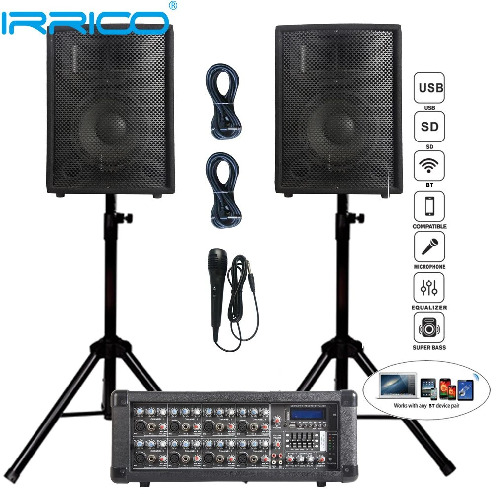 1000W 2X10″Subwoofer PA Speaker System Bt Tws Sound Box 8 Channel Mixer Professional Audio