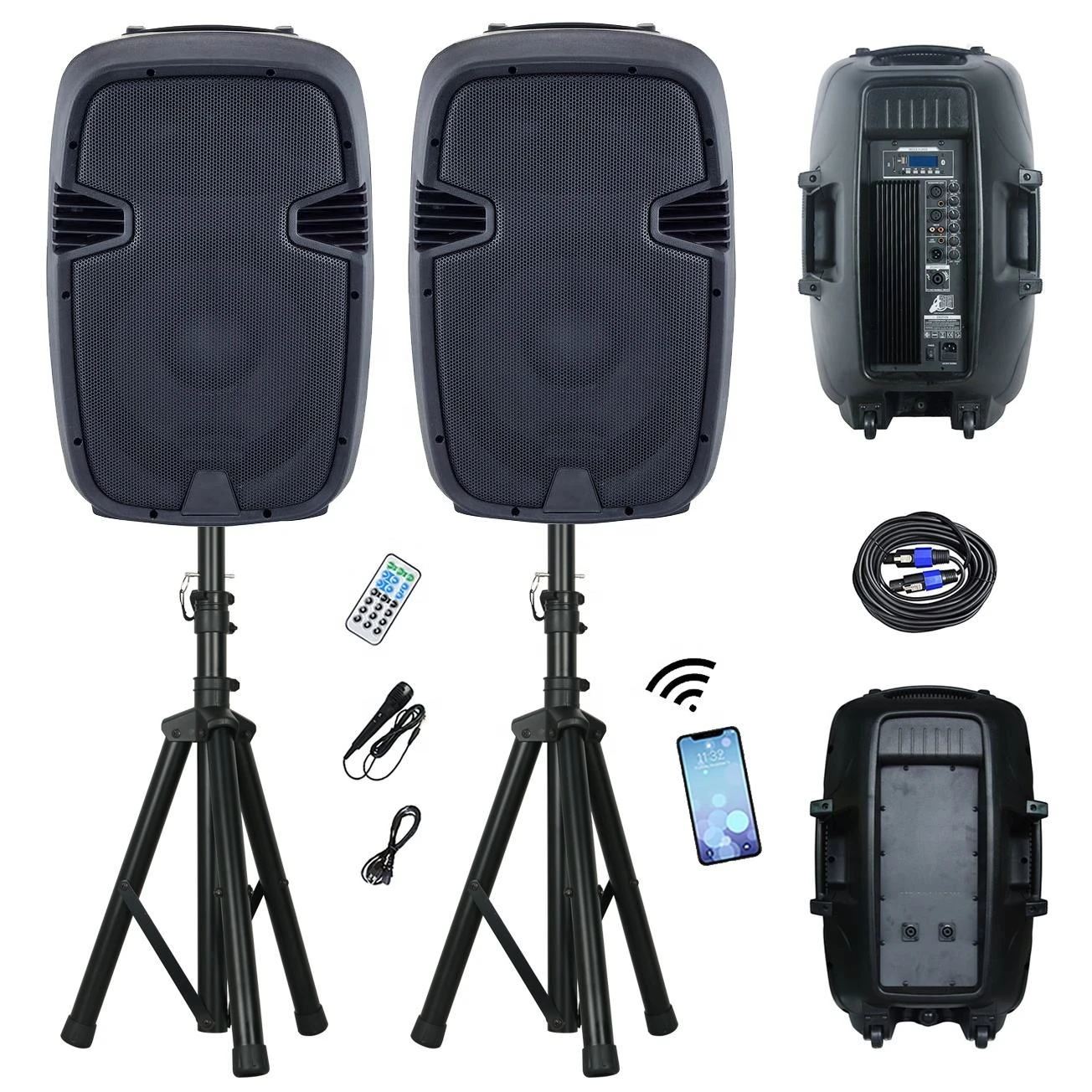1000W Combo 12 Inch Portable Powered PA System Speaker Sets Party Sound Box-Bt/USB/FM/Remote/Stand Bocina Parlant