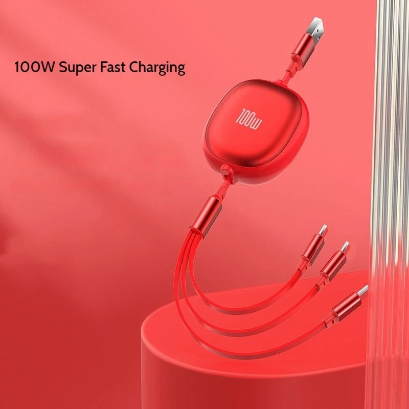100W 3-in-1 Retractable Data Cable Charger TPE Jacket Super Fast Charging Cable for Android Earphone Small Gift