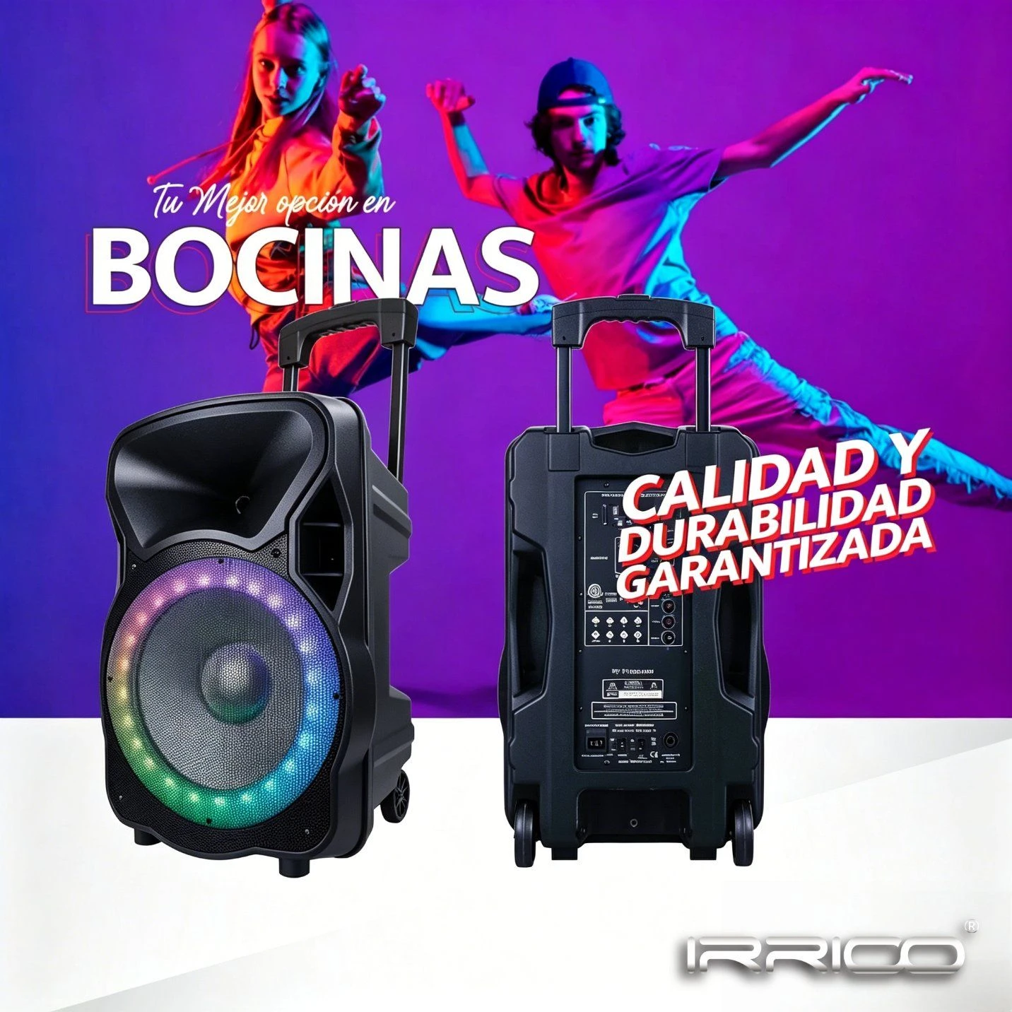 15″ 1200W Active PA Speaker Set, VHF Mic, Built-in Battery & LED Lighting, Portable Bluetooth Karaoke System