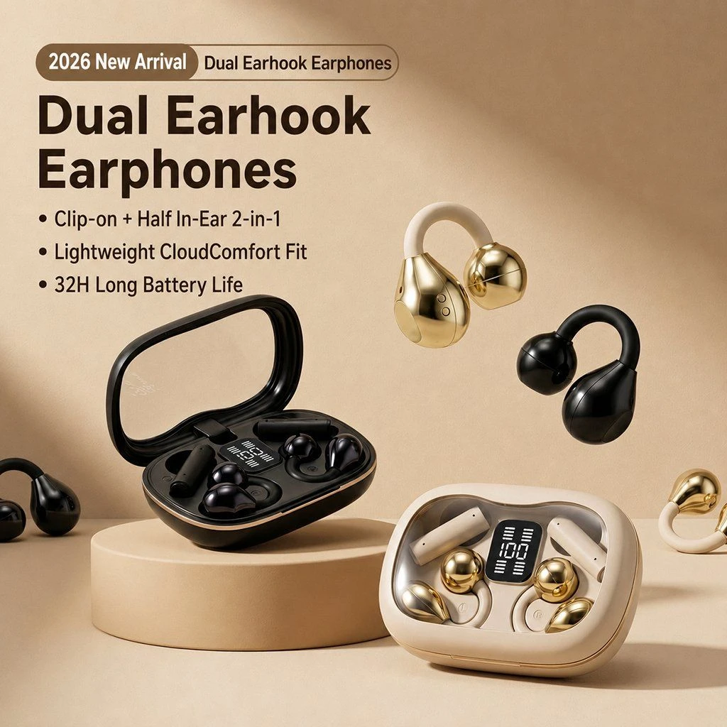 2 Pairs Clip-on Open Ear Tws Earbuds LED HiFi Touch Sport Headphones