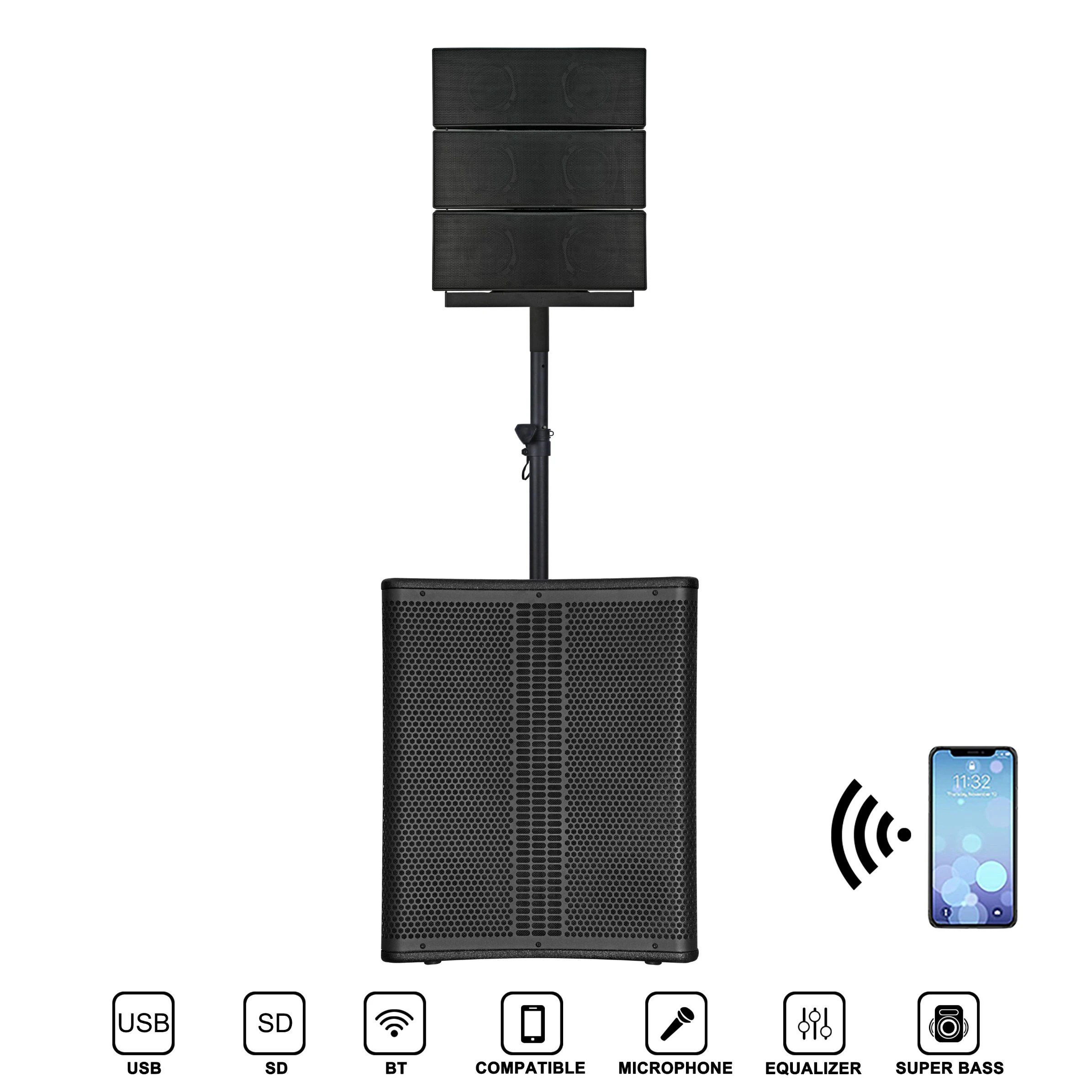 2000W 15″ Vertical Active Array Line 2 Channel 1.1PA System, Professional Outdoor Concert Stage Speaker, with DSP/Bt/Tws