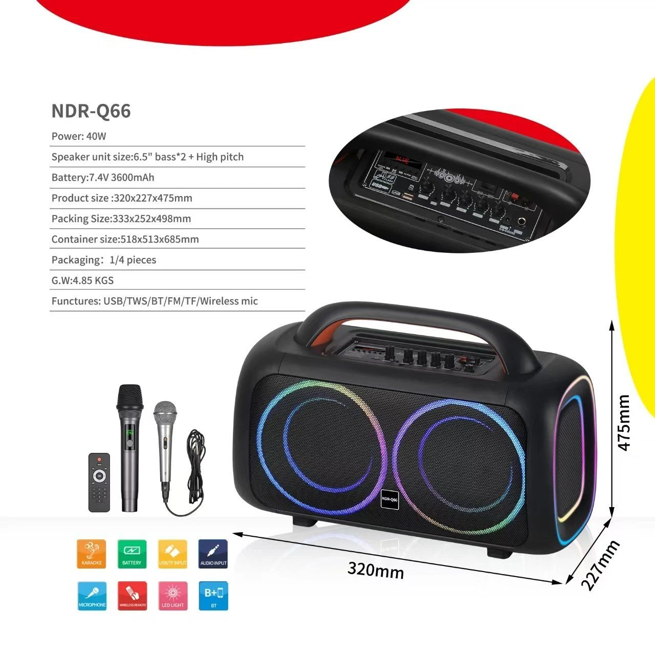 2025 Ndr-Q66 Portable Bluetooth Speaker with Wireless Microphone Factory OEM
