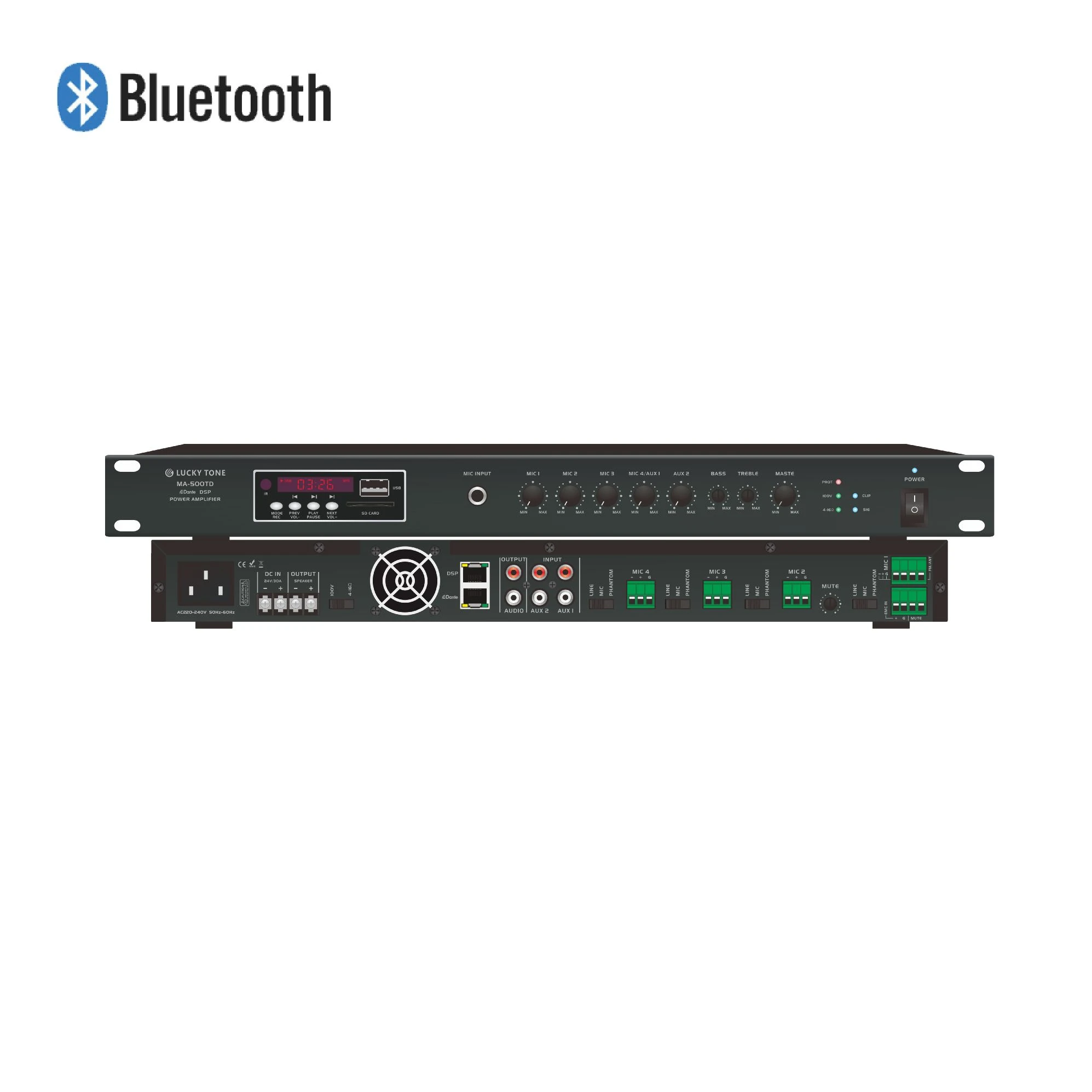 240W Class D Mixer Amplifier with Built-in USB/SD/Aux/Tuner/Bluetooth and Optional DSP / Dante Network Module