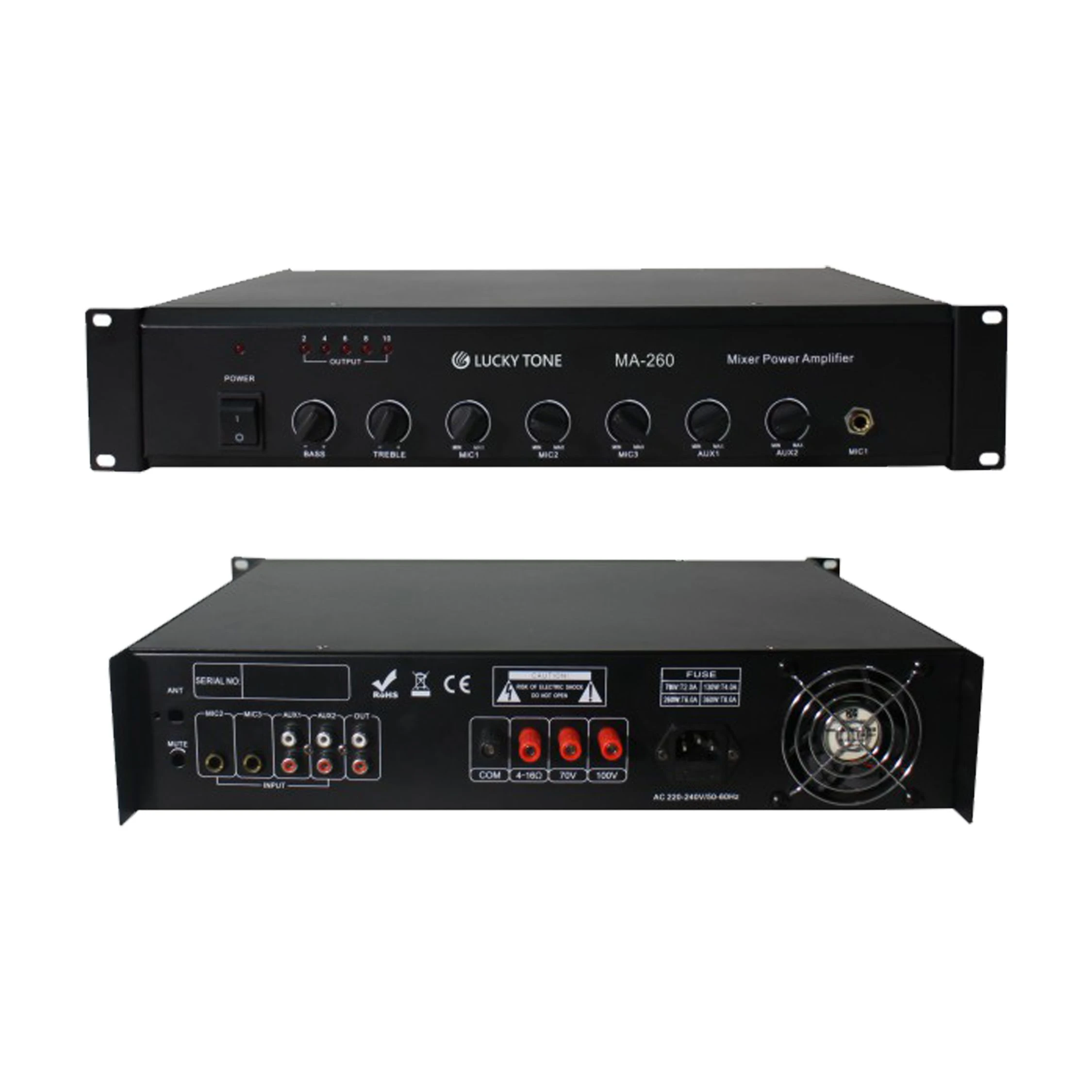 260W Mixer Amplifiers Cost Effective Mixer AMP with 5 Inputs W/ Speaker Output Short Circuit Protection