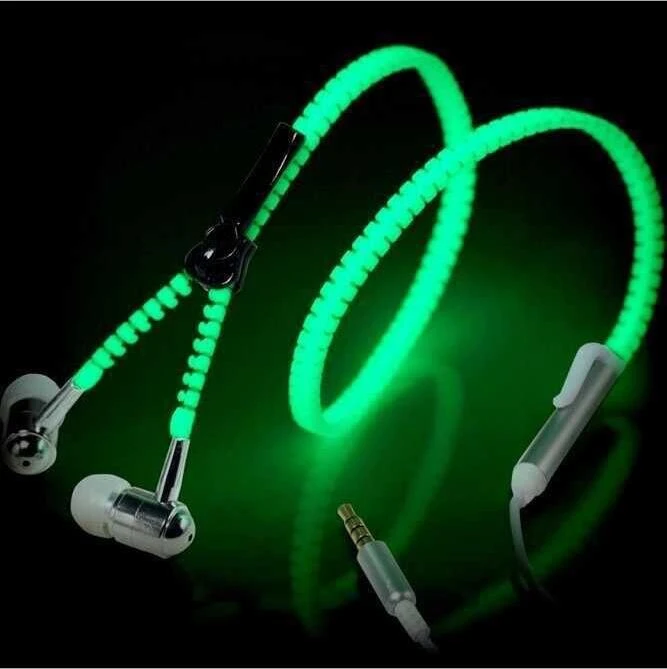 3.5mm Glow in The Dark Zipper Headphones with Mic Microphone