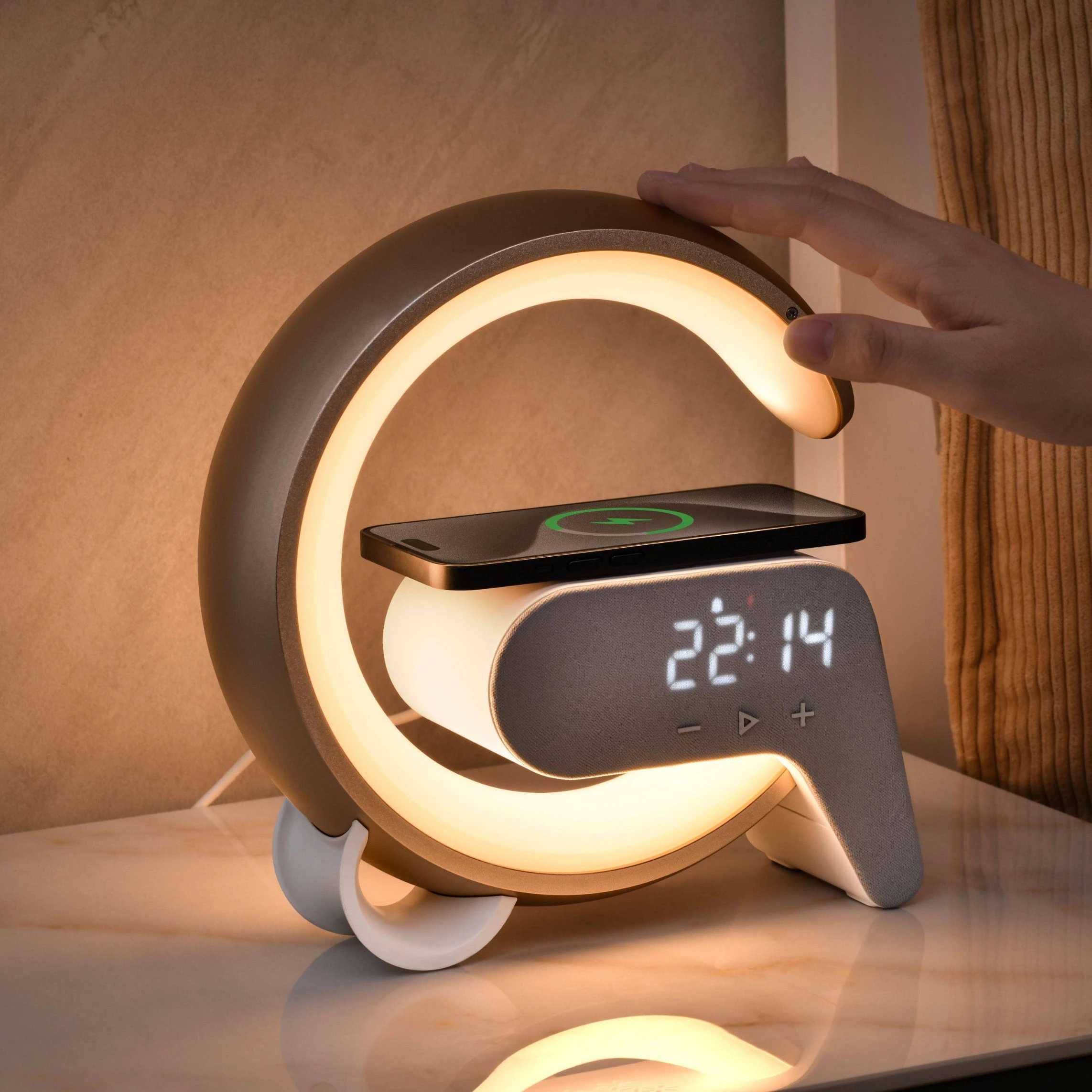3 in 1 G-Shape Bluetooth Speaker with Wireless Charger RGB LED Night Light Alarm Clock for Living Room