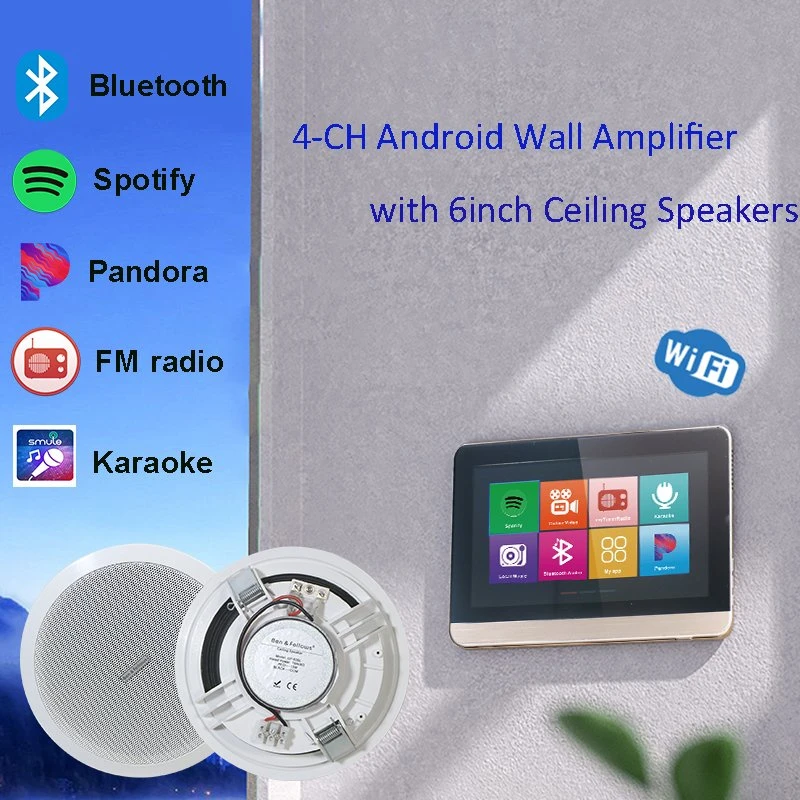 4 Channel 25W Android WiFi Home Theater Amplifier with in Ceiling Speakers Audio Bluetooth Wall Amplifier for Background Music Control