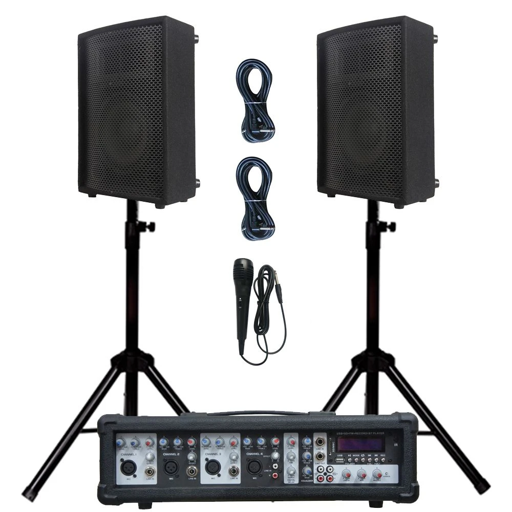 4 Channel 800W Bluetooth Powered with 2PCS 10 Inch Wooden Cabinet Speaker PRO DJ System+Microphone+Cable+Stand&Model Spare Parts SKD