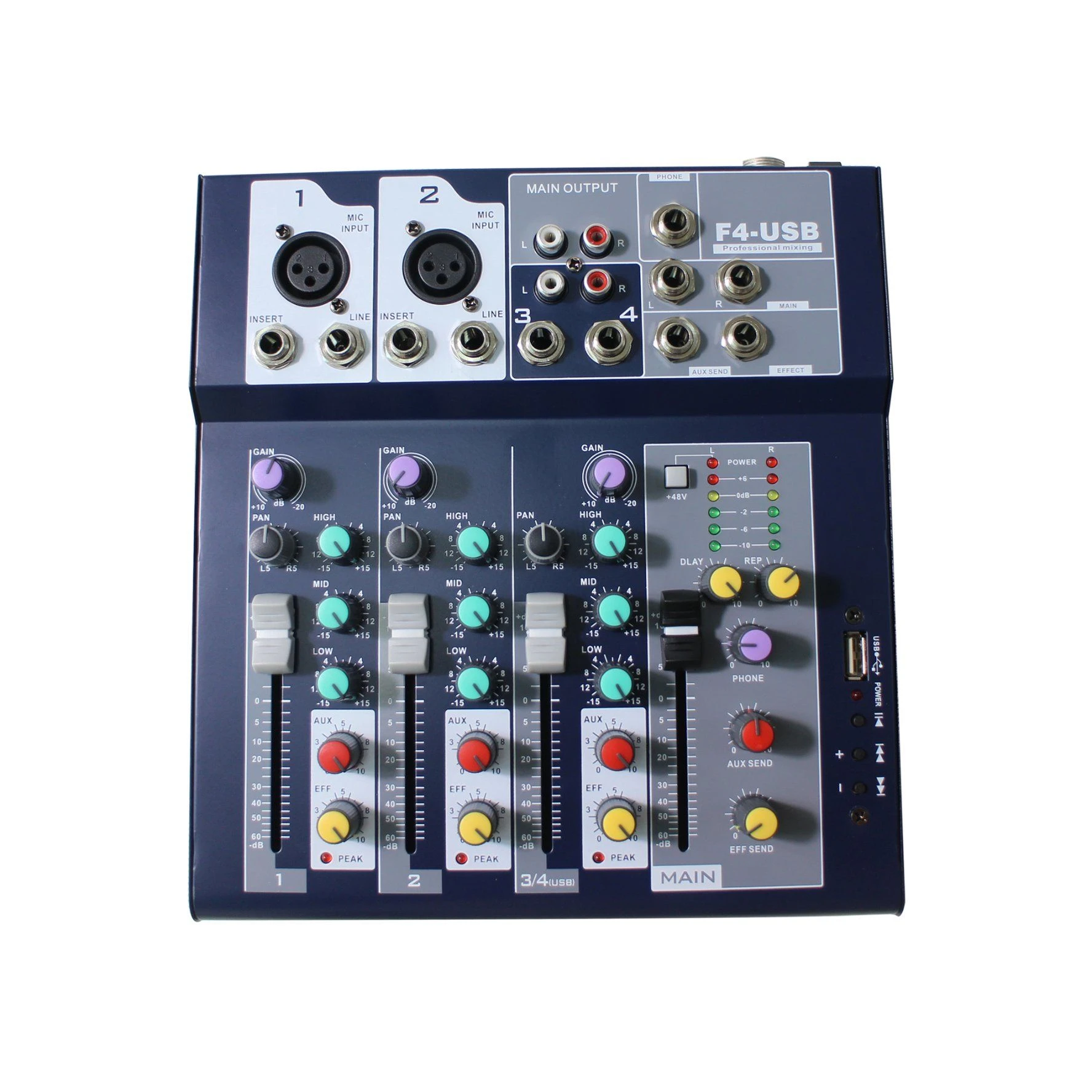 4-Channel Audio Console Mixer with DSP Effects & MP3 USB One Output and One Return Featuring Delay Feature