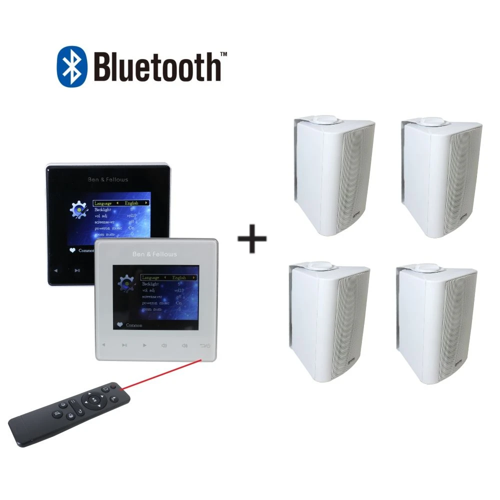 4 Channel Mini 25W Wireless Bluetooth Home Audio Music System Wall Mount Amplifier with 4 PCS 4” Wall Speaker and Remote Control for PA System Support USB/TF
