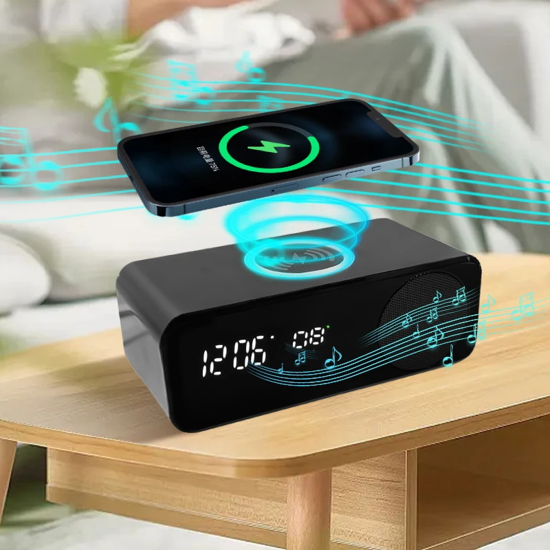 4-in-1 Alarm Clock Bluetooth Speaker 15W Fast Wireless Charging Mobile Phone Holder