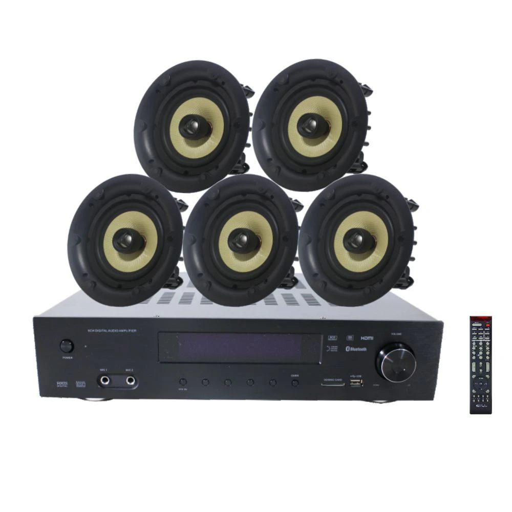5.1 Home Theater 500W HiFi Digital Audio Video Amplifiers with Bluetooth/USB and 5 PCS Rimless Ceiling Loud Speaker for Sound System