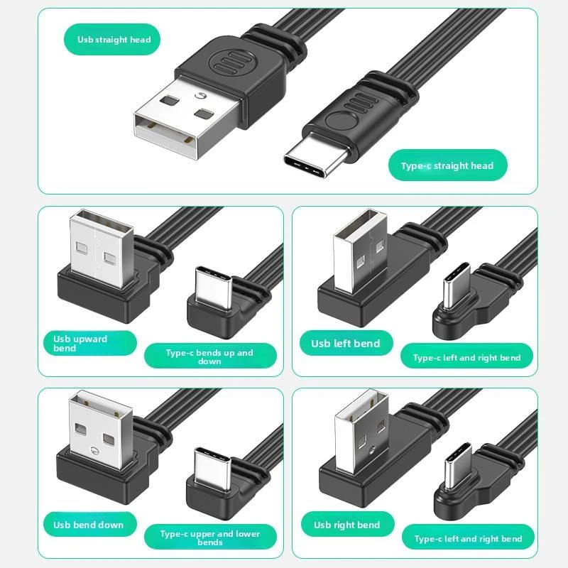 5 Direction Bend USB-C Flat Ribbon Cable 90 Degree Angled Connector Fast Charge Data Transmission Cable for Laptop Tablet Earphone
