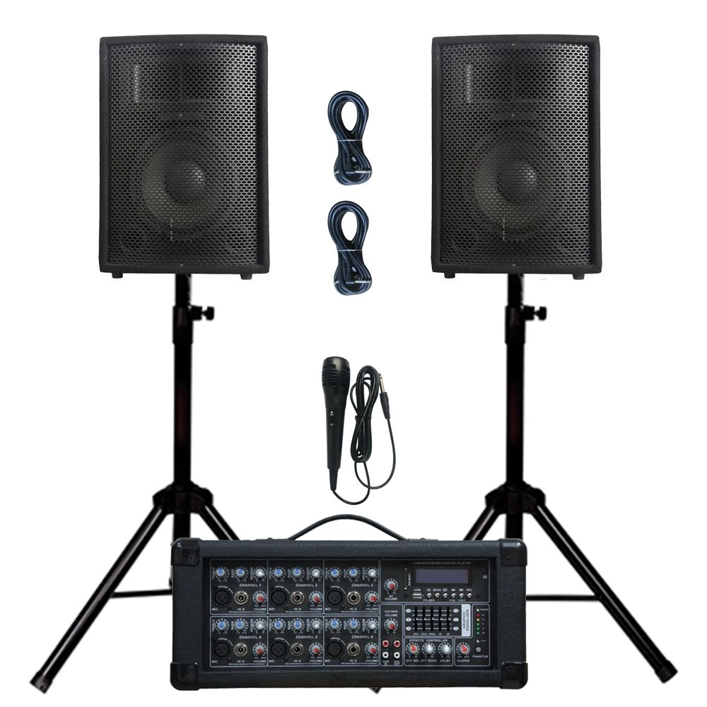 6 Channel 900W Bluetooth Powered with 2PCS 10 Inch Wooden Cabinet Speaker PRO DJ System+Microphone+Cable+Stand&Model