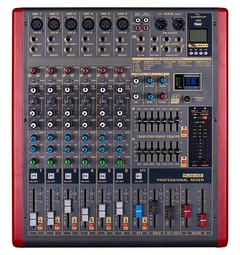 6 Channels Audio DJ Mixer with USB Audio 48V Phantom Power Mixer