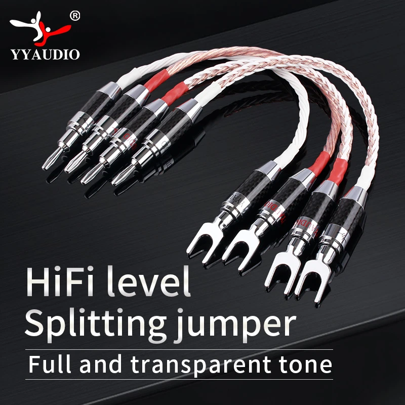 7N OCC Braided Speaker Jumper Cable with Rhodium-Plated Banana & Y-Spade Connectors for HiFi Amplifiers & Bi-Wire Speakers
