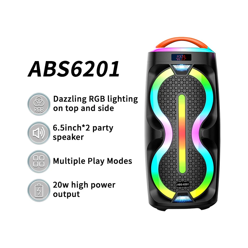 ABS-6201 Dual 6.5 Inch Wireless Bluetooth Speaker with Flame Lamp Effect