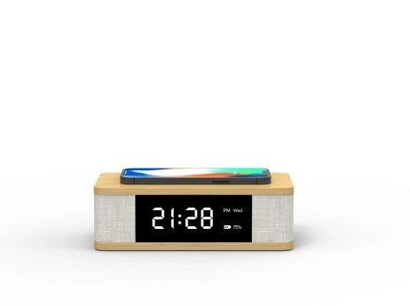 Alarm Clock Radio Bamboo Speaker with Wireless Charger, 2000mAh Rechargeable Battery with Big Display
