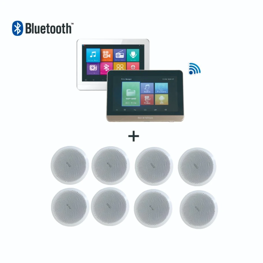 Android WiFi 4 Channel Mini 25W Bluetooth USB PA Home Audio Background Music System Wall Mount Amplifier with 8PCS 6″ Ceiling Loud Speaker and Remote Control