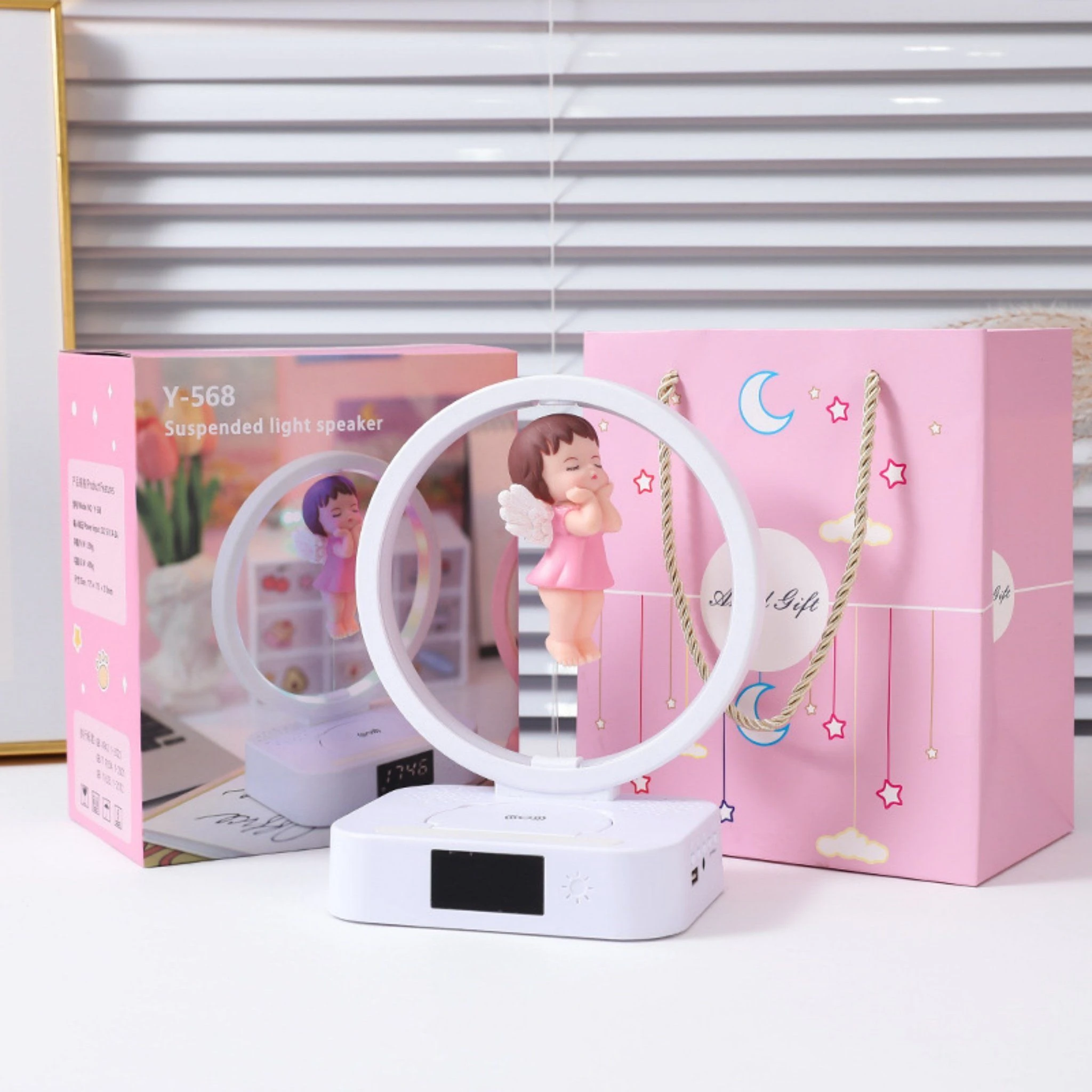 Angel Wireless Charging Bluetooth Speaker with Floating Design Clock for Bedside