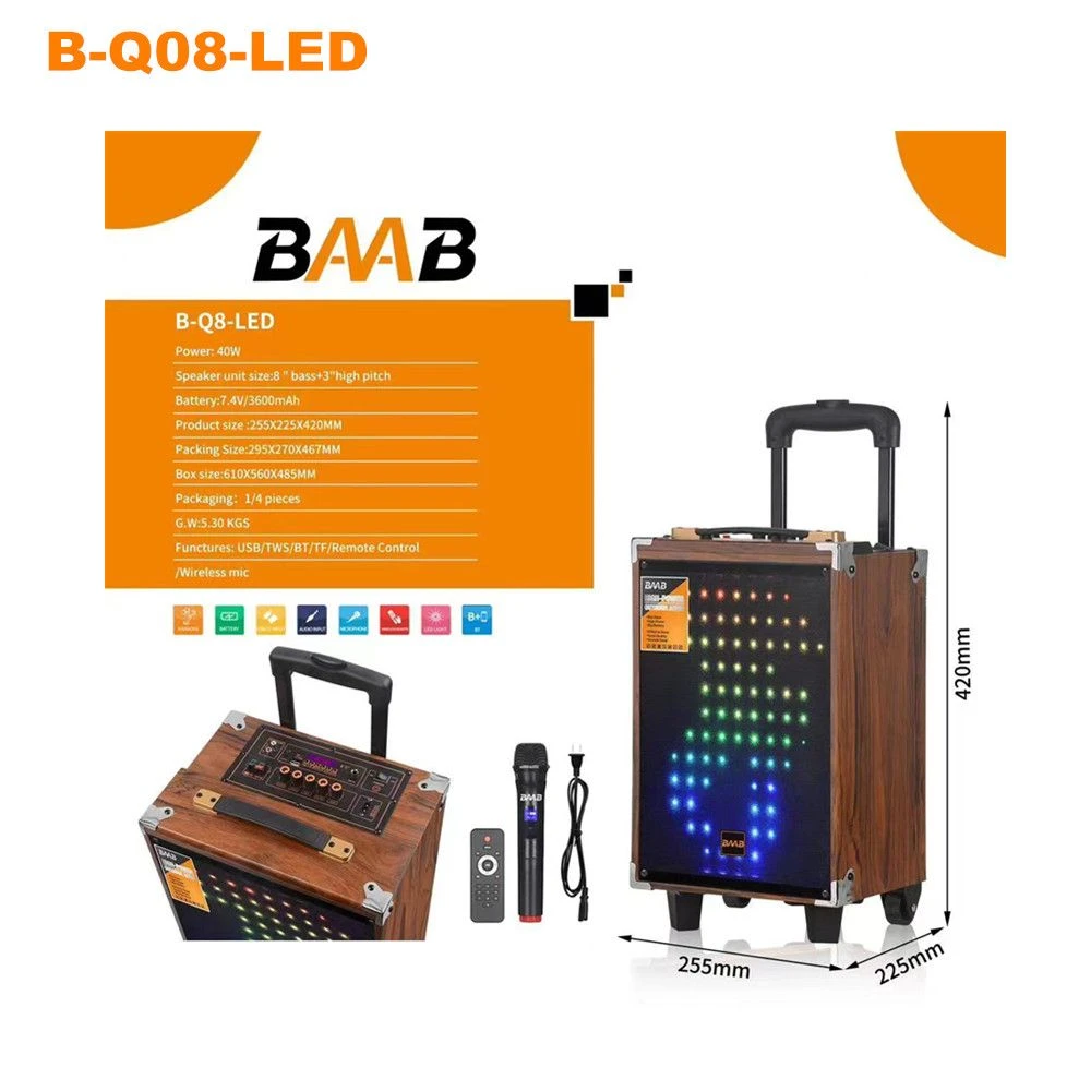 B-Q08 Single 8-Inch Wooden Speaker with LED Light Effect, Portable Party Bluetooth Speaker
