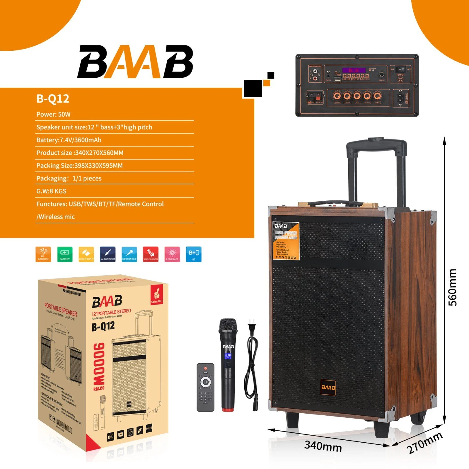 B-Q12 12inch Bluetooth Speakers Partybox Karaoke Portable Outdoor Party Speaker