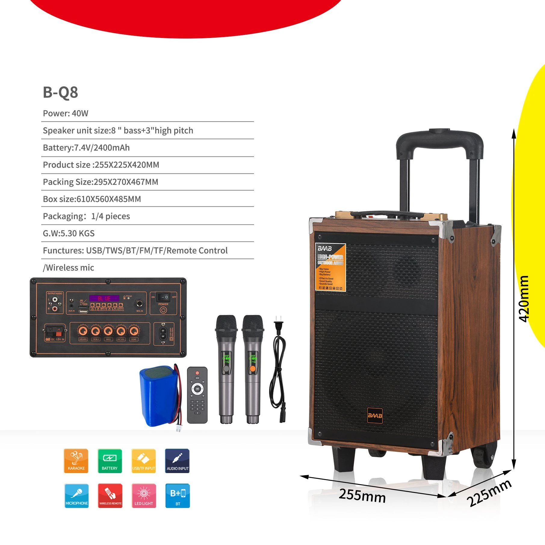 B-Q8 8inch Wooden Party Box Active Speaker High Power