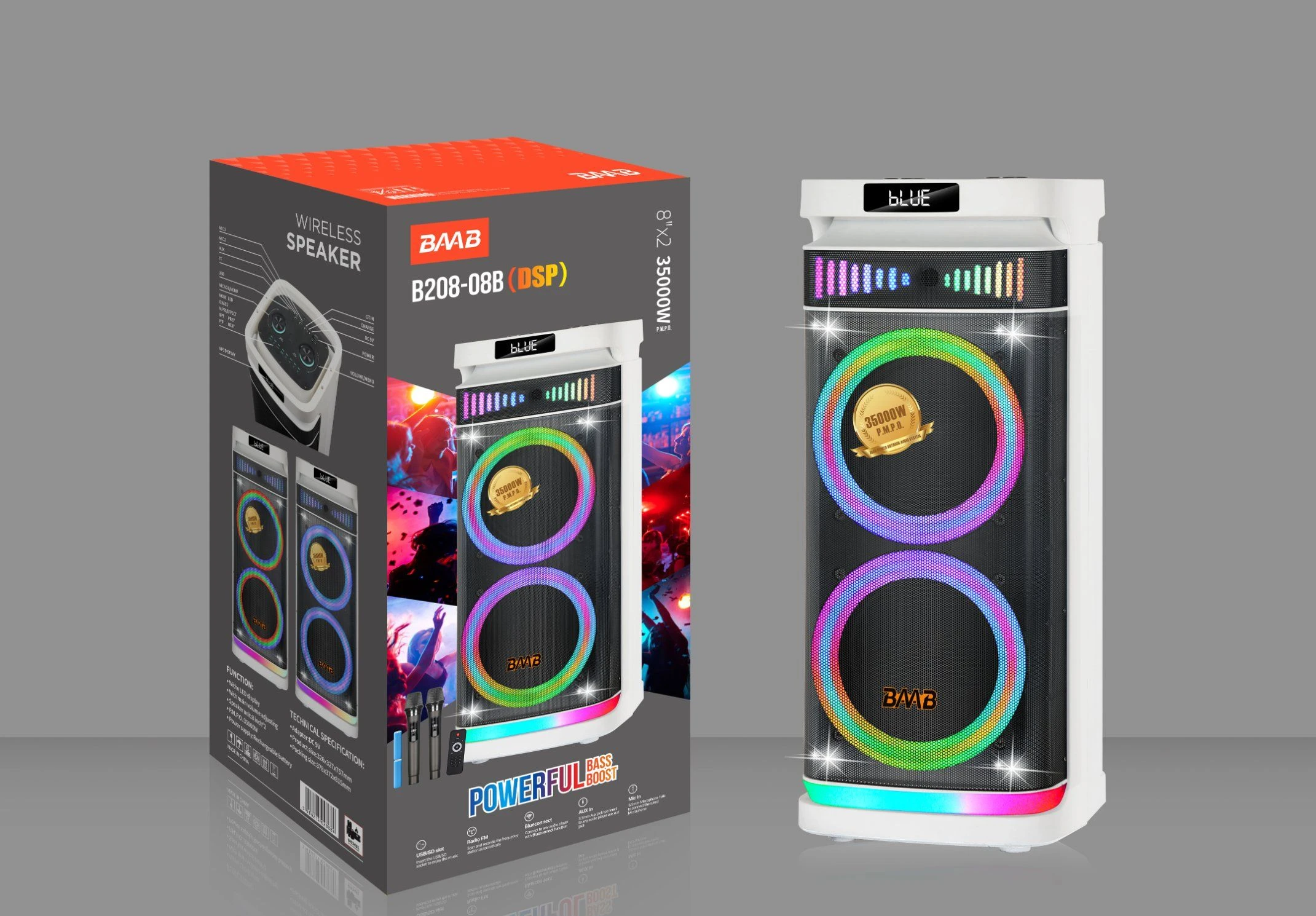 Baab Latest Professional Good Sound Quality Wireless Party Box Portable White Casing Speaker with DSP