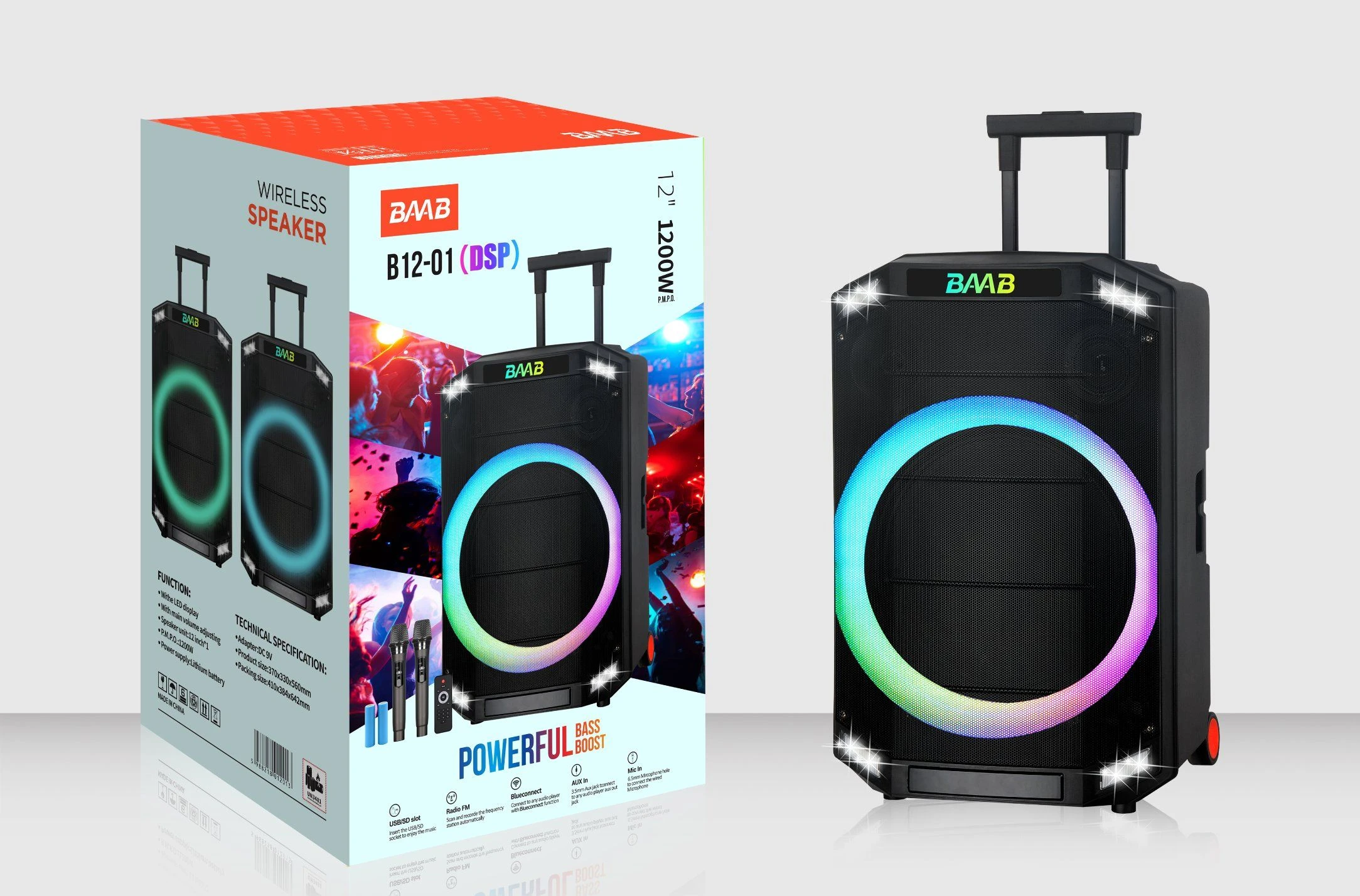 Baab New12 Inch Bluetooth Wireless Portable Trolley Party Speaker with DSP