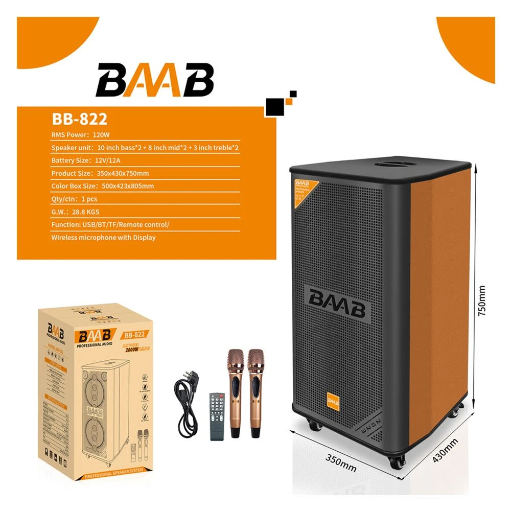 Bb-822 Dual 10-Inch High Power Party Bluetooth Speakers with Wireless Microphones