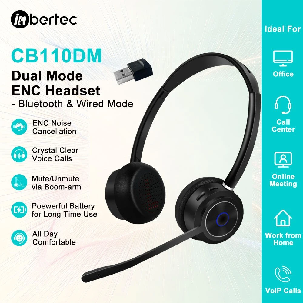 Binaural Bluetooth Wireless Headset with Microphone for Office Contact Center Microsoft Team