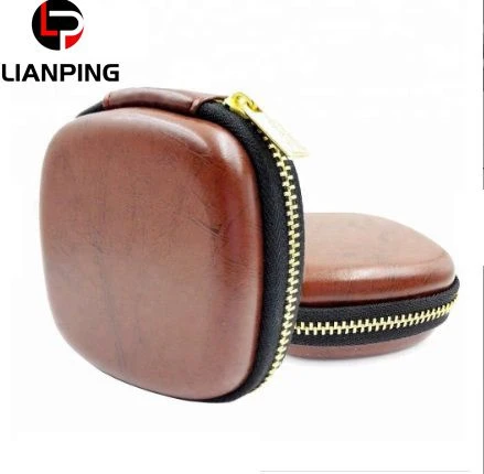 Brown PU Leather High Quality EVA Case for Earphone with Gold Zipper Closure