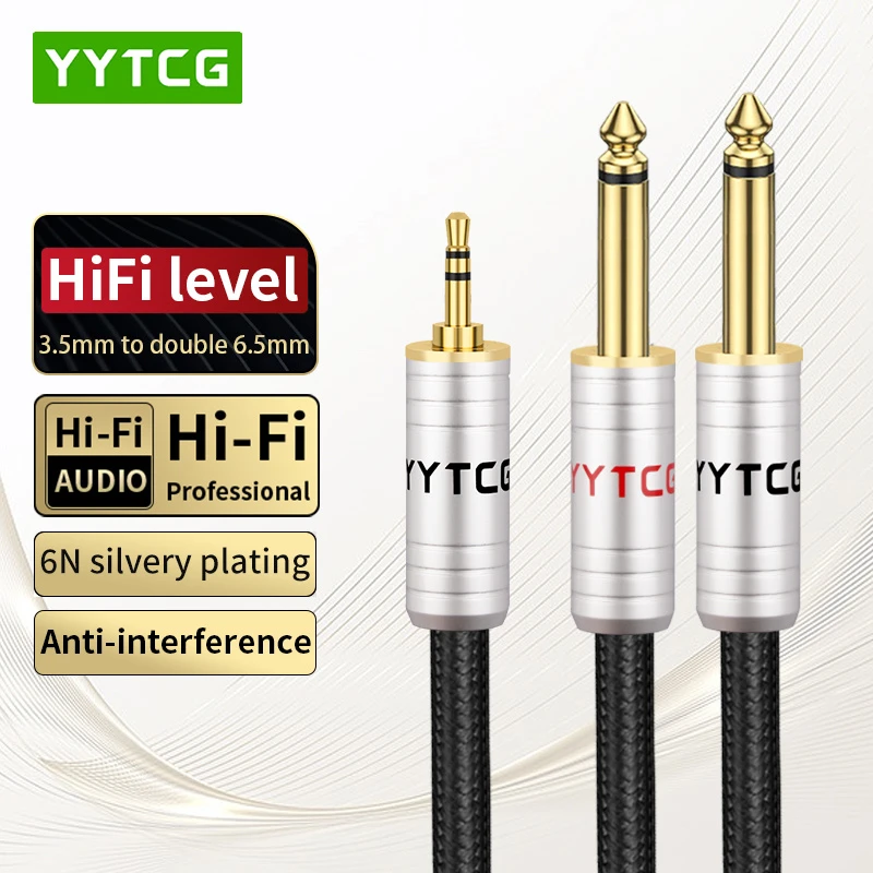 C1 3.5mm to 2 6.5mm HiFi Audio Cable Gold-Plated Connectors for Microphone, Sound Card, Mixer & Amplifier