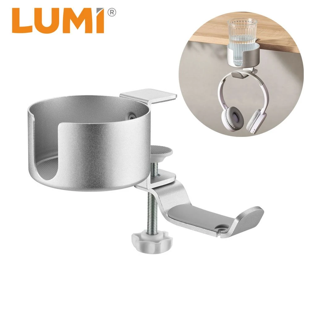 Clamp-On Universal Under Desk Headphone Holder Hanger Headset Stand with Cup Holder 360 Degree Rotation Hook
