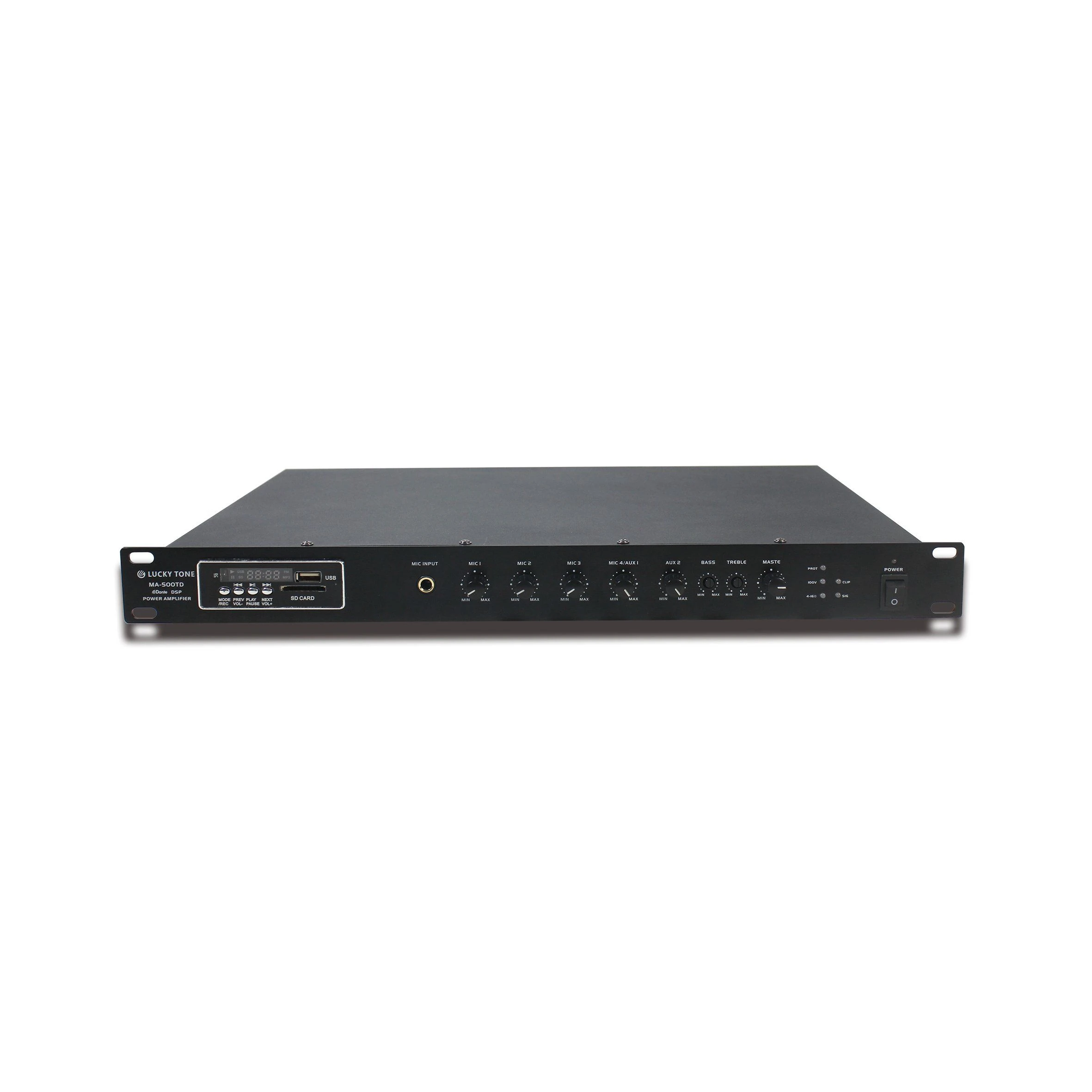 Class D 120W 100V or 4 – 16 Ohm Switchable Mixer Amplifier with Audio Sources with USB/SD/Aux/Tuner/Bluetooth and 24VDC Input
