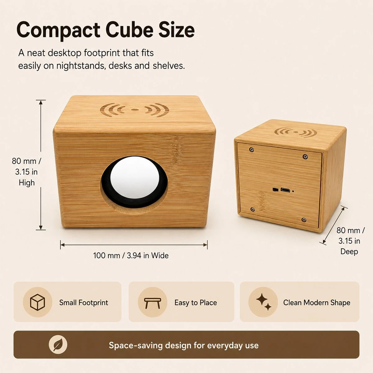 Compact Bluetooth Speaker with Rechargeable Battery and Natural Bamboo Finish