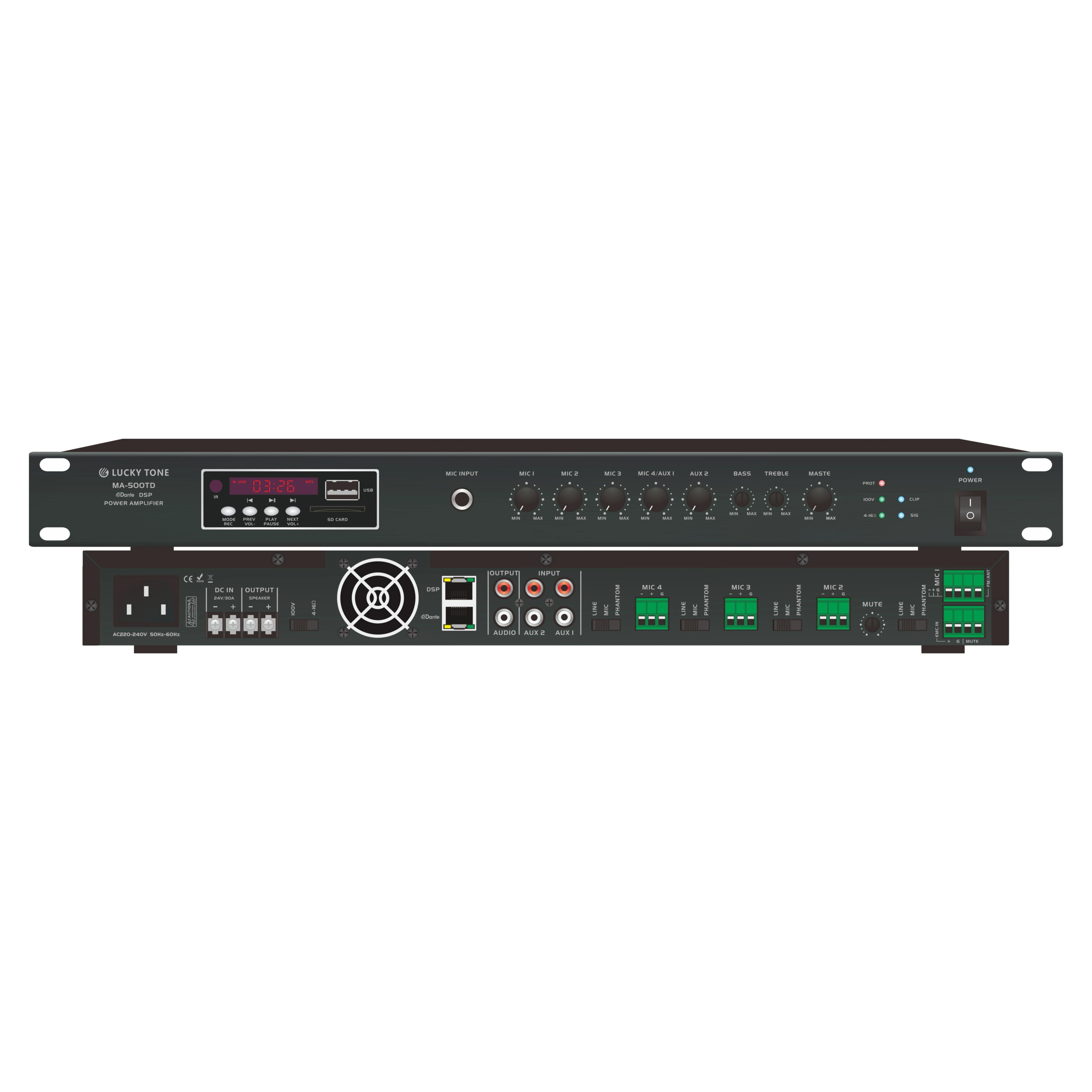 Cost Effective PA System 350W Digital Class-D Mixer Power Amplifier with Built-in USB/SD/Aux/Tuner/Bluetooth and Optional DSP/Dante Network