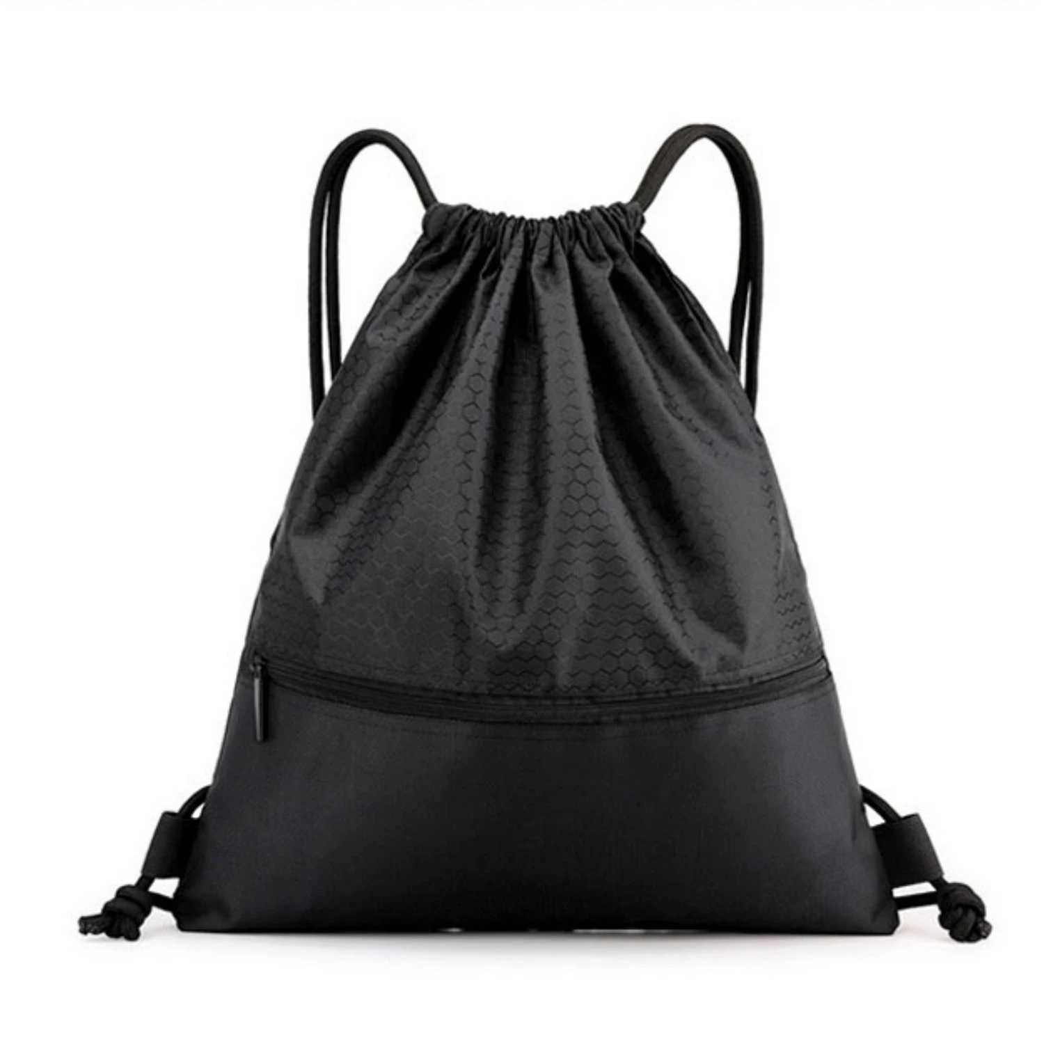 Custom Logo Black Waterproof Polyester Drawstring Sport Backpack Bag for Hiking