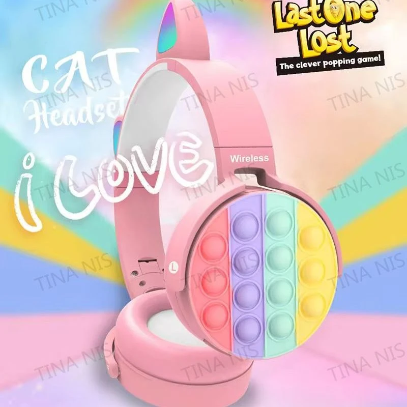 Cute CT-950 Cat Earphone Silicone Popping Push It Bubble Headphone with RGB Light Foldable Colorful Cat Ear Headset