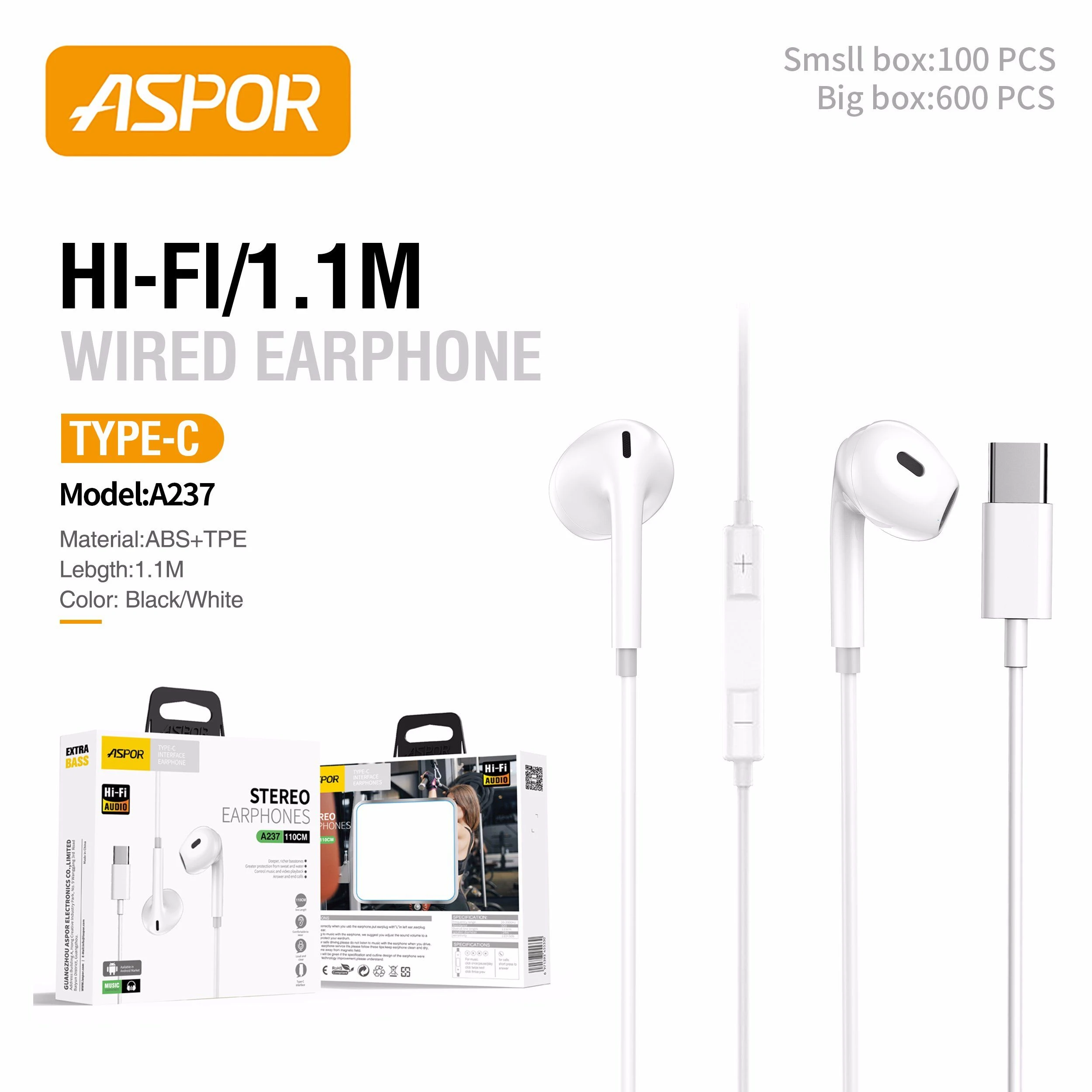 DC 3.5mm Type-C Earphone TPE+ Plastic Material Answer and End Calls Earphone