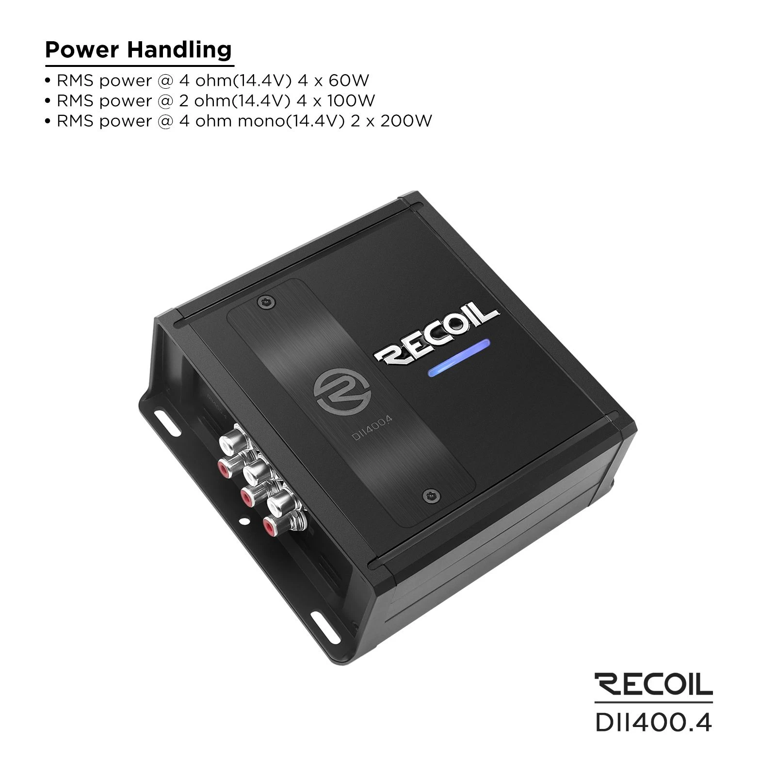 Dii400.4 Ultra Compact Full Range Class-D 4-Channel Car Audio Amplifier, Max 800 Watts, 2-4 Ohm Stable, Bridgeable