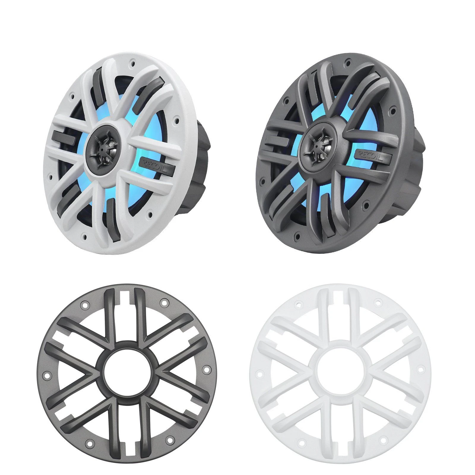 Edge M1-65 M1 Series 6.5 Inch 2-Way Marine Boat & UTV/ATV Coaxial Speakers with Built-in RGB LED Lighting, One Pair of Each Dark Silver and White Grilles, 4ohm