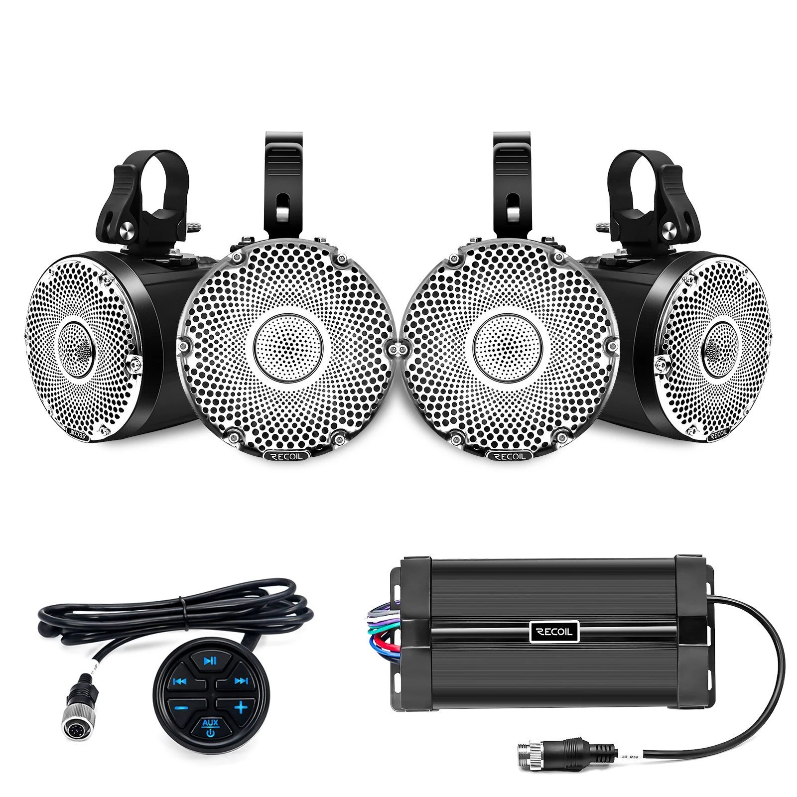 Edge R4-Q Complete Marine 400 Watts Quad Speakers Audio System, Two Pairs Super Loud 4″ Speaker Pods with 3″ Passive Radiators, 4-Channel Marine Amplifier