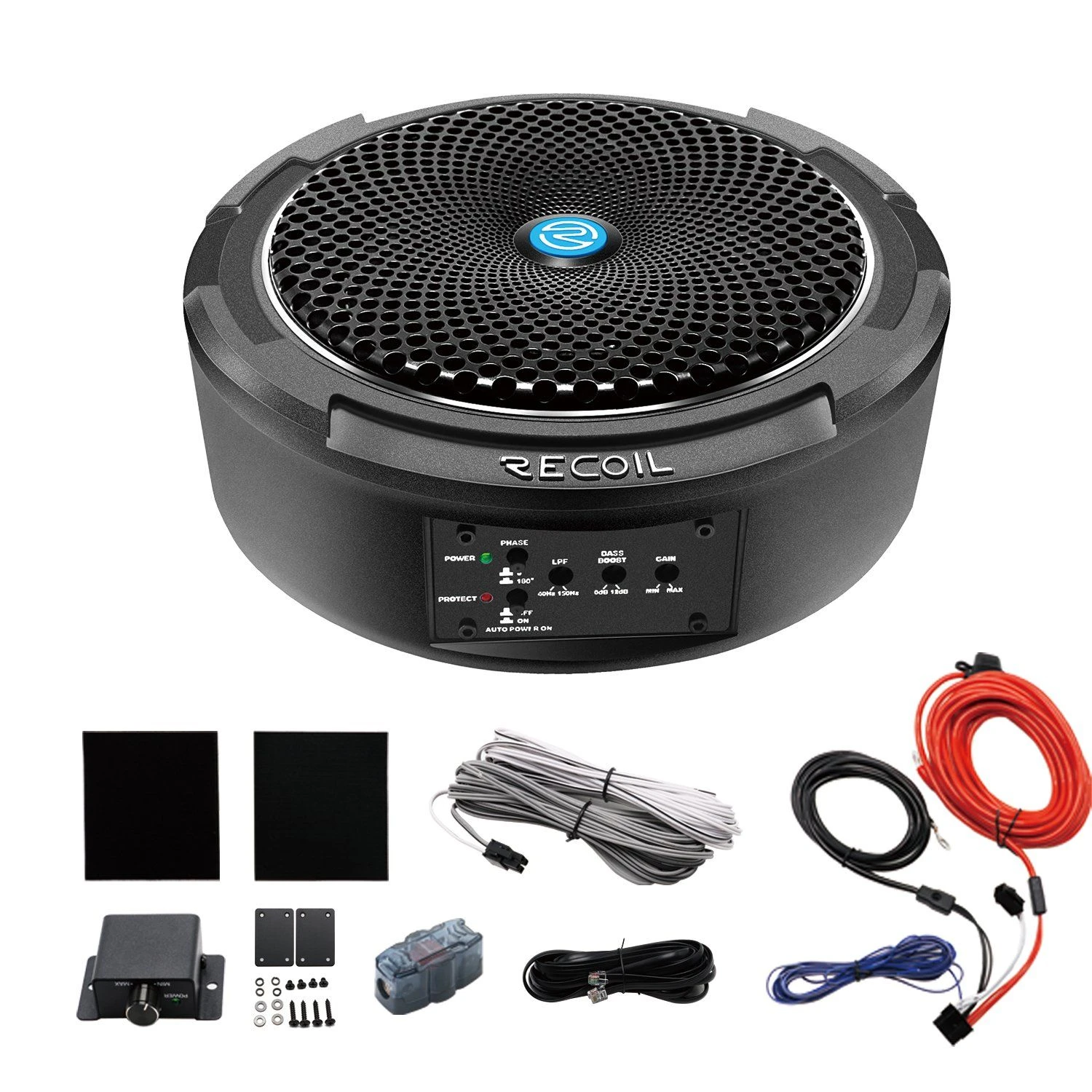 Edge SL1708 8’ ’ 500 Watts Underseat Slim Amplified Car Subwoofer with Remote Control and OFC Wiring Kits