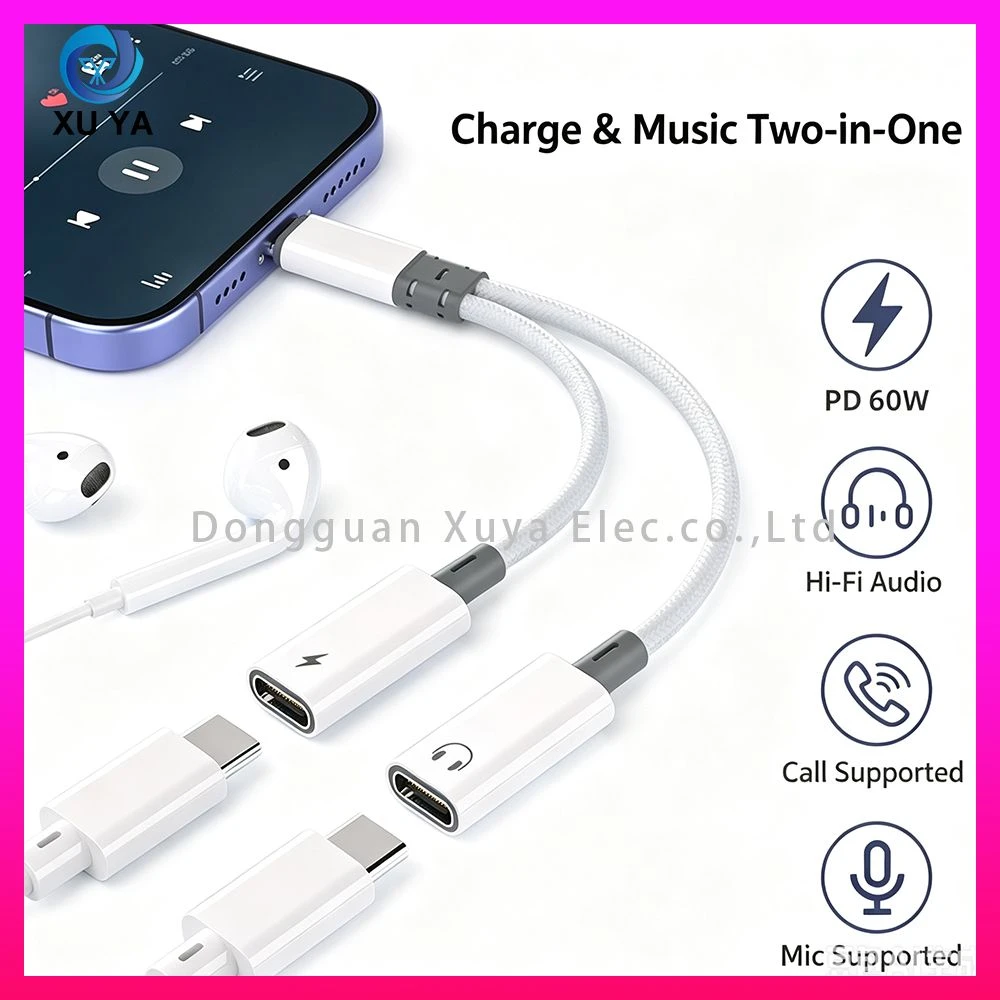 Factory Direct Price Type-C 2-in-1 Audio Charging Adapter, 60W Pd Fast Charge Dac Dongle for Lightning Gadgets & Multi Devices