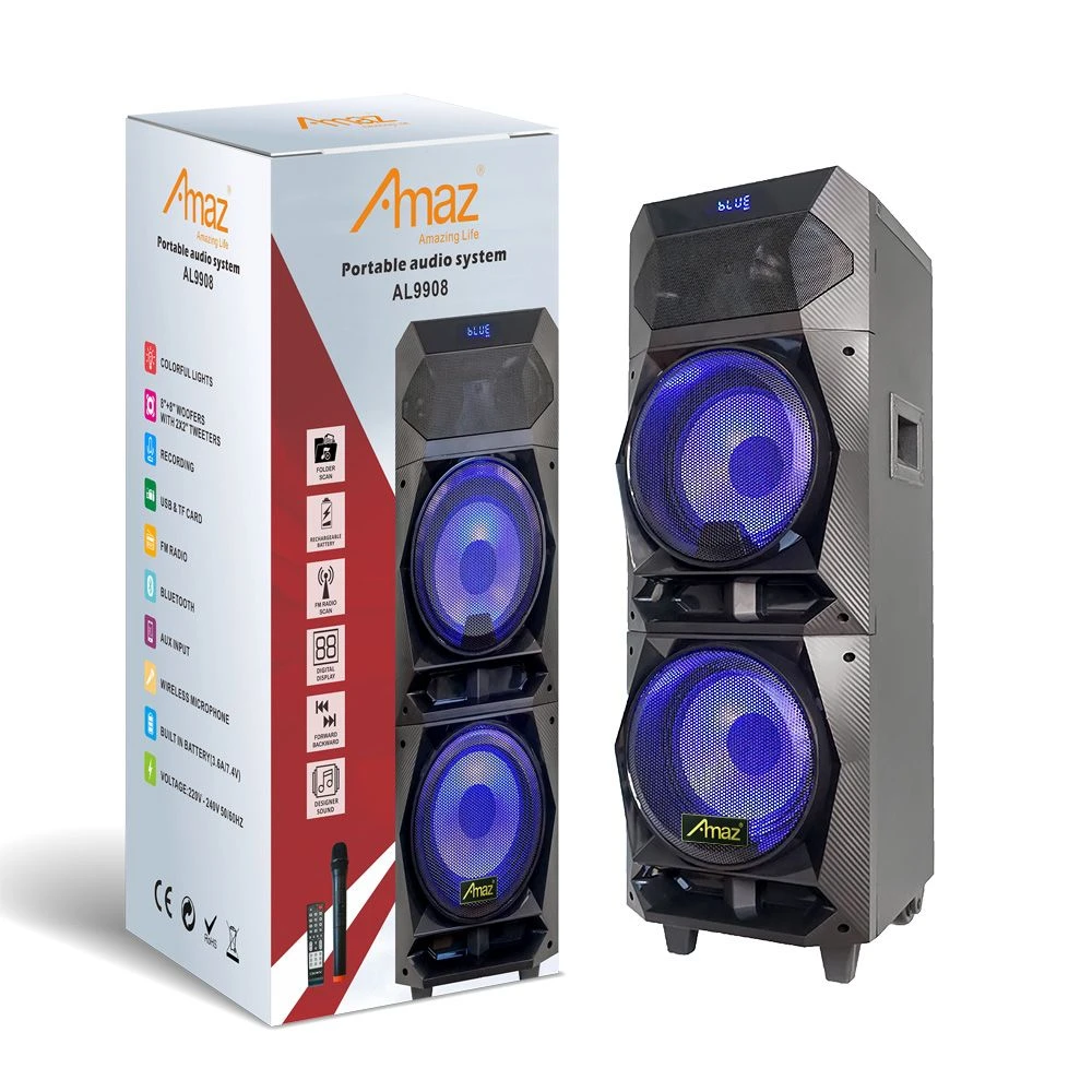 Factory Hot Sale Model Double 8 Inch Portable Wooden Speaker with LED