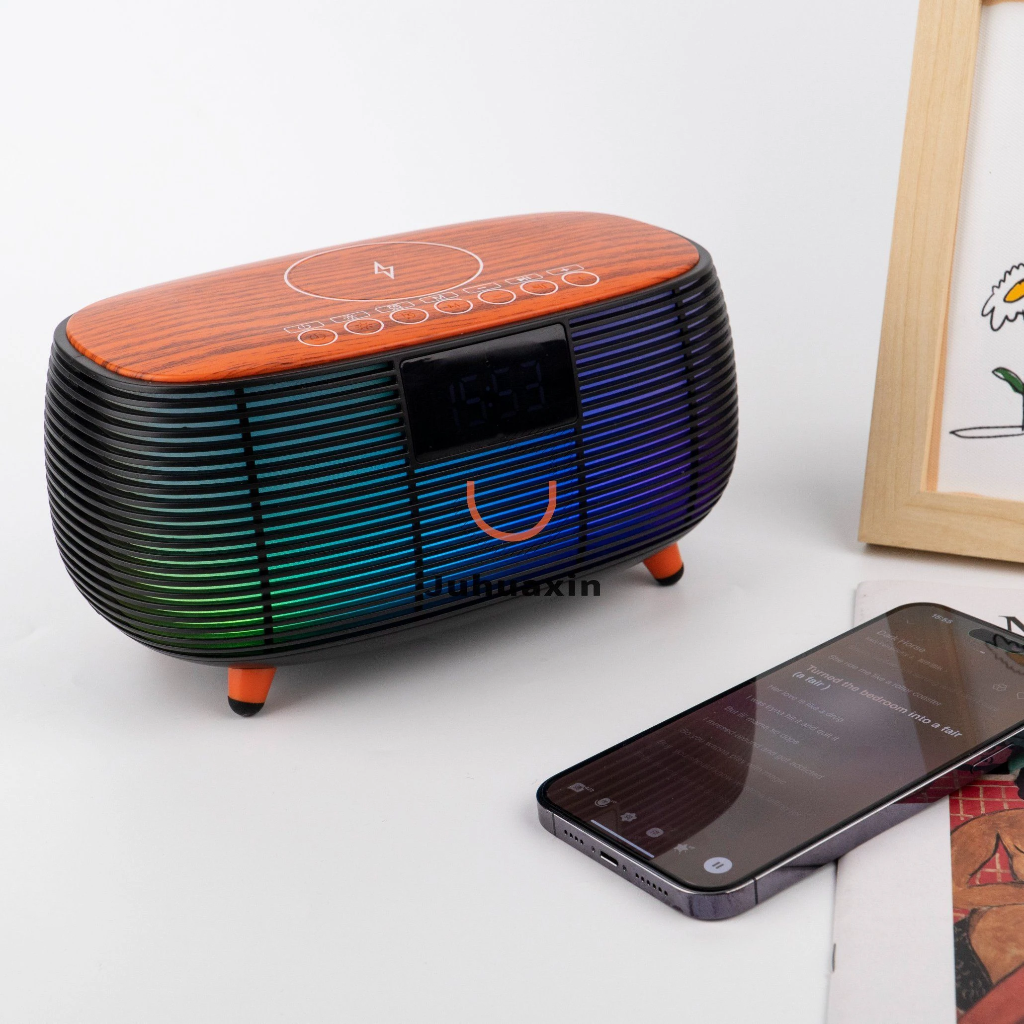 Fast Wireless Charger for Phone Earpgone RGB Night Light Blue Tooth Speaker with Alarm Clocks for Office Home