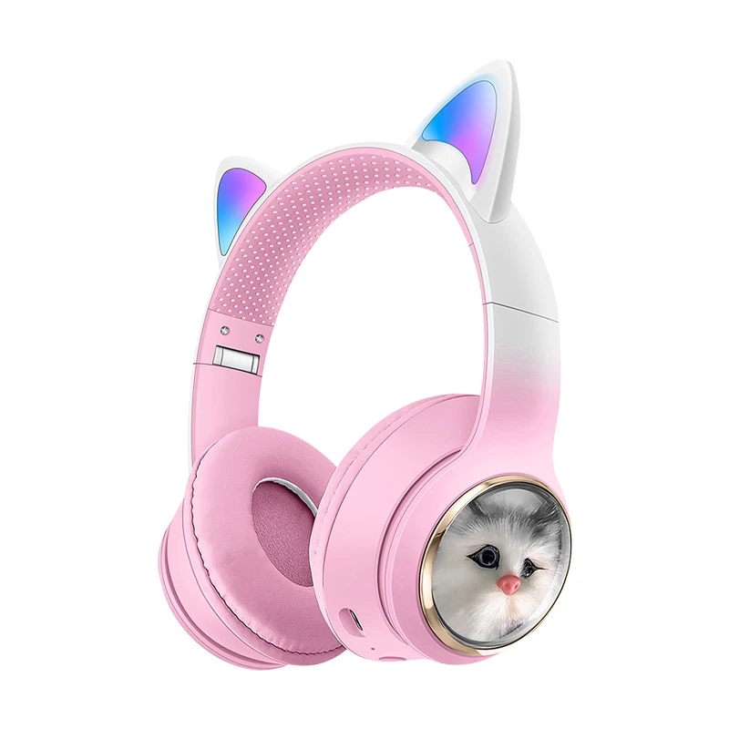 Foldable Cat Ear Bluetooth Headphones, RGB LED Light Wireless Headset with Cute Cat Transparent Cover, Support TF Card FM Aux, OEM Custom Logo for Kids Girls Gi